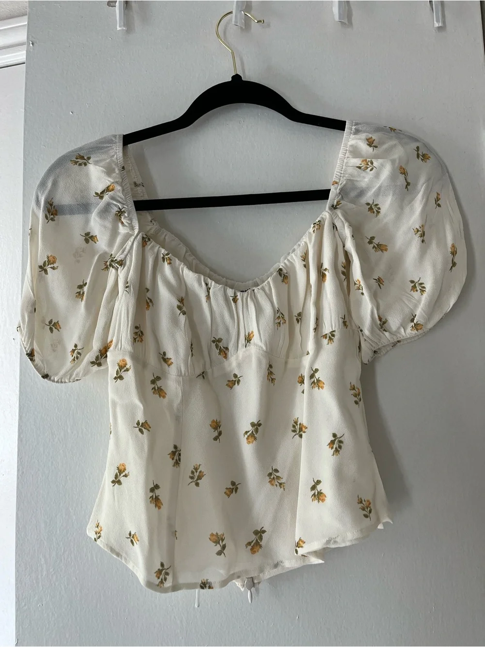 Reformation Cream Floral Puff Sleeve Blouse with Yellow Buds